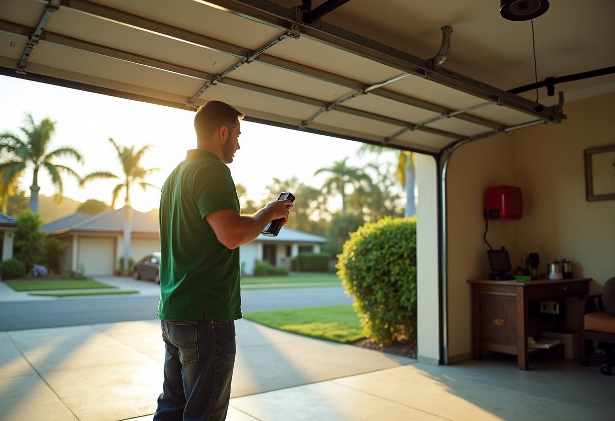 Technician adjusting a belt-drive garage opener — Benowa